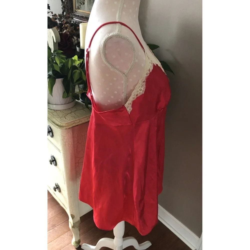 Vtg Secret Treasures Red Shiny Satin Polyester Lace Trim Nightie Sequins Women L - Picture 10 of 14